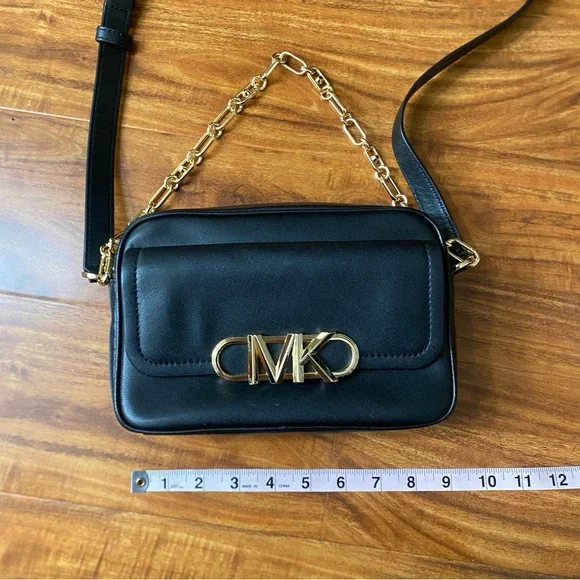 Michael Kors Women's Black Leather Gold Logo Parker Camera Crossbody Bag Classic - Picture 13 of 15